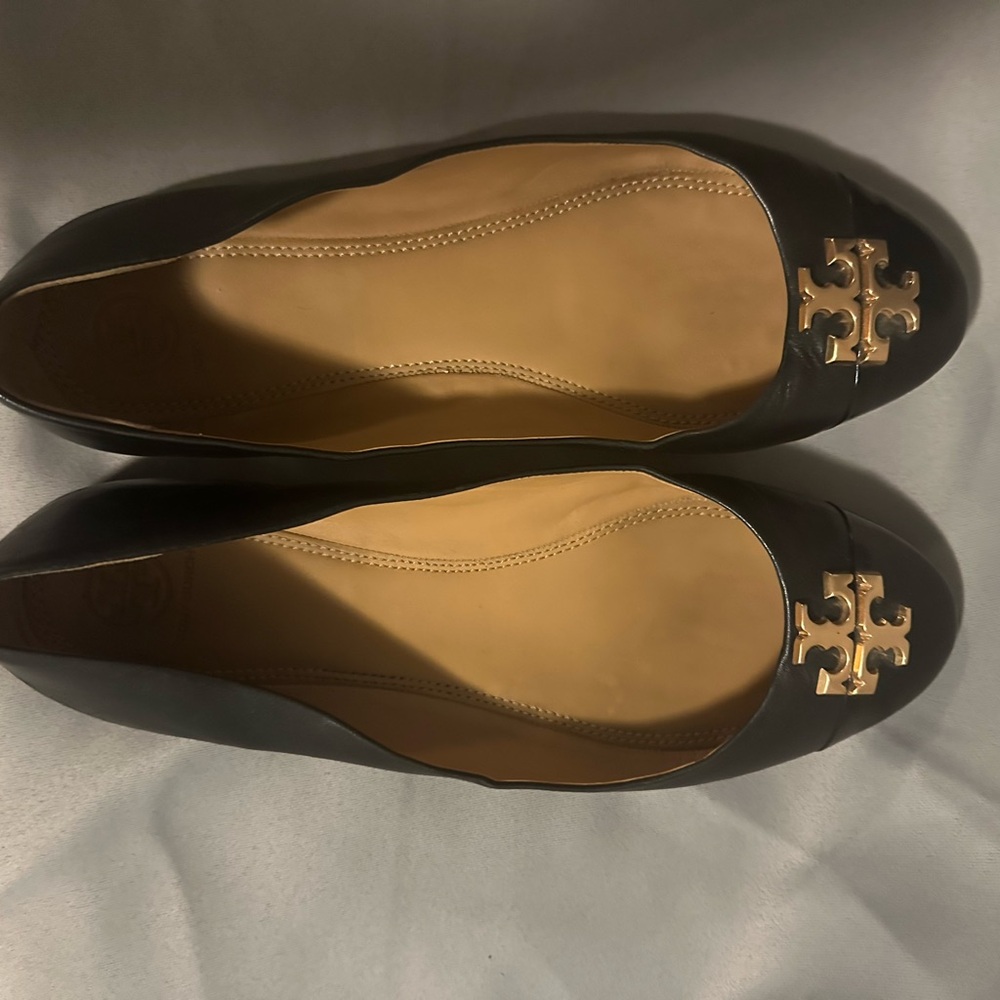 Tory Burch Black Leather Flats with Gold Accents